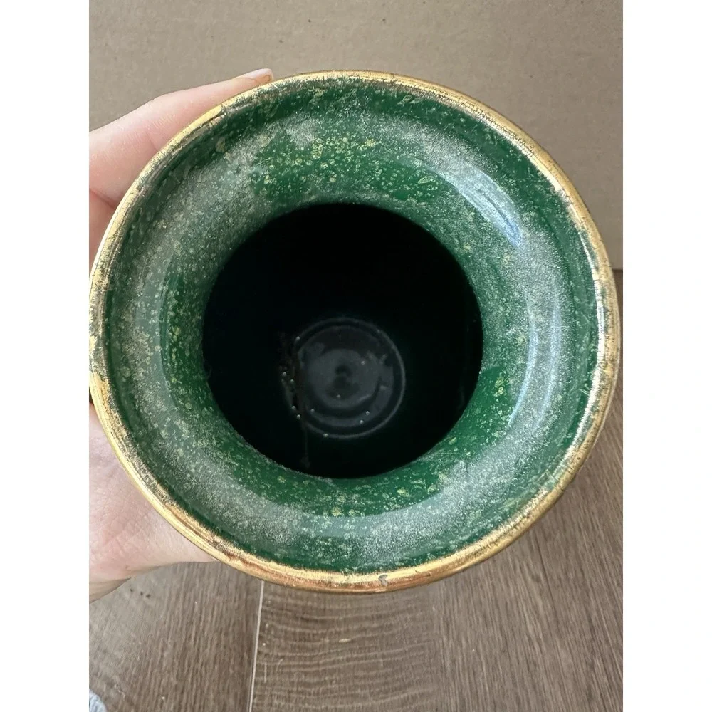 Vintage Italian Majolica Ceramic Vase Mottled Green Gold Leaf Mid Century